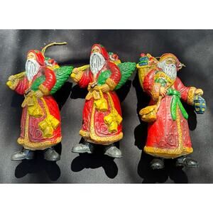 3 Vtg Old World Santa Hard Plastic Blow Mold 7” Christmas Ornaments -S72 -2